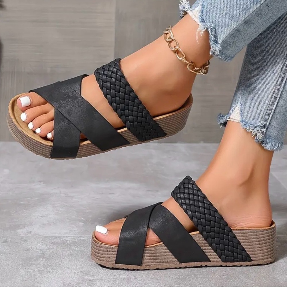 Elegant Black Woven Slide Sandals